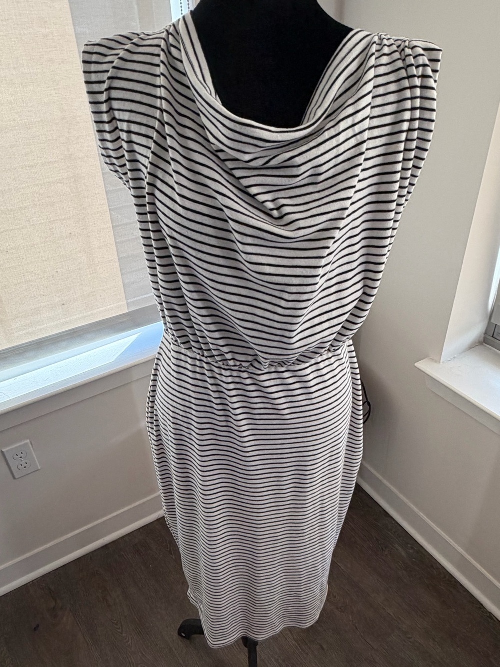 Black White Striped Cowl Neck Blouson Midi Dress Size L